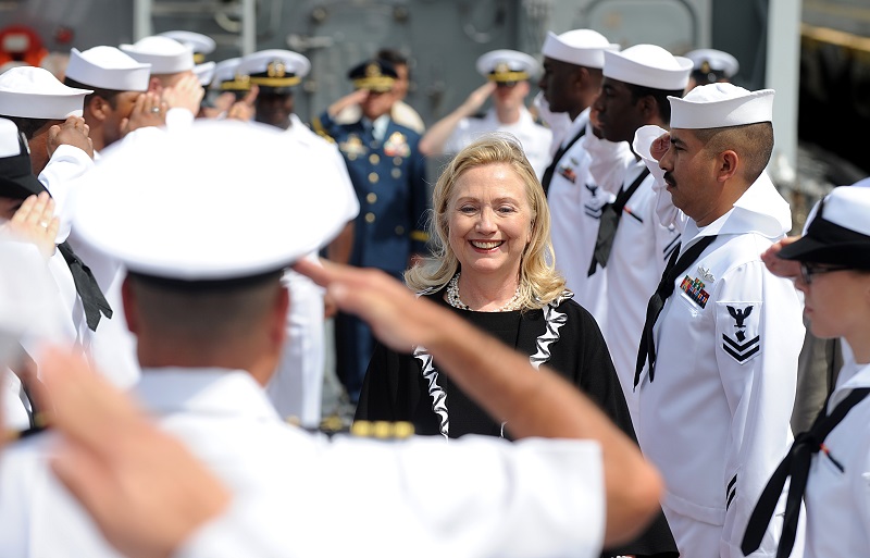 US Secretary of State Hillary Clinton (C) leaves the USS Fitzgerald, a US Navy destroyer, docked at the Manila bay, after signing a declaration marking the 60 years since the United States signed a security treaty with the Philippines on November 16, 2011. Clinton vowed military support for the Philippines, delivering a firm message from the deck of an American warship at a time of rising tensions with China. AFP PHOTO/NOEL CELIS (Photo credit should read NOEL CELIS/AFP/Getty Images)
